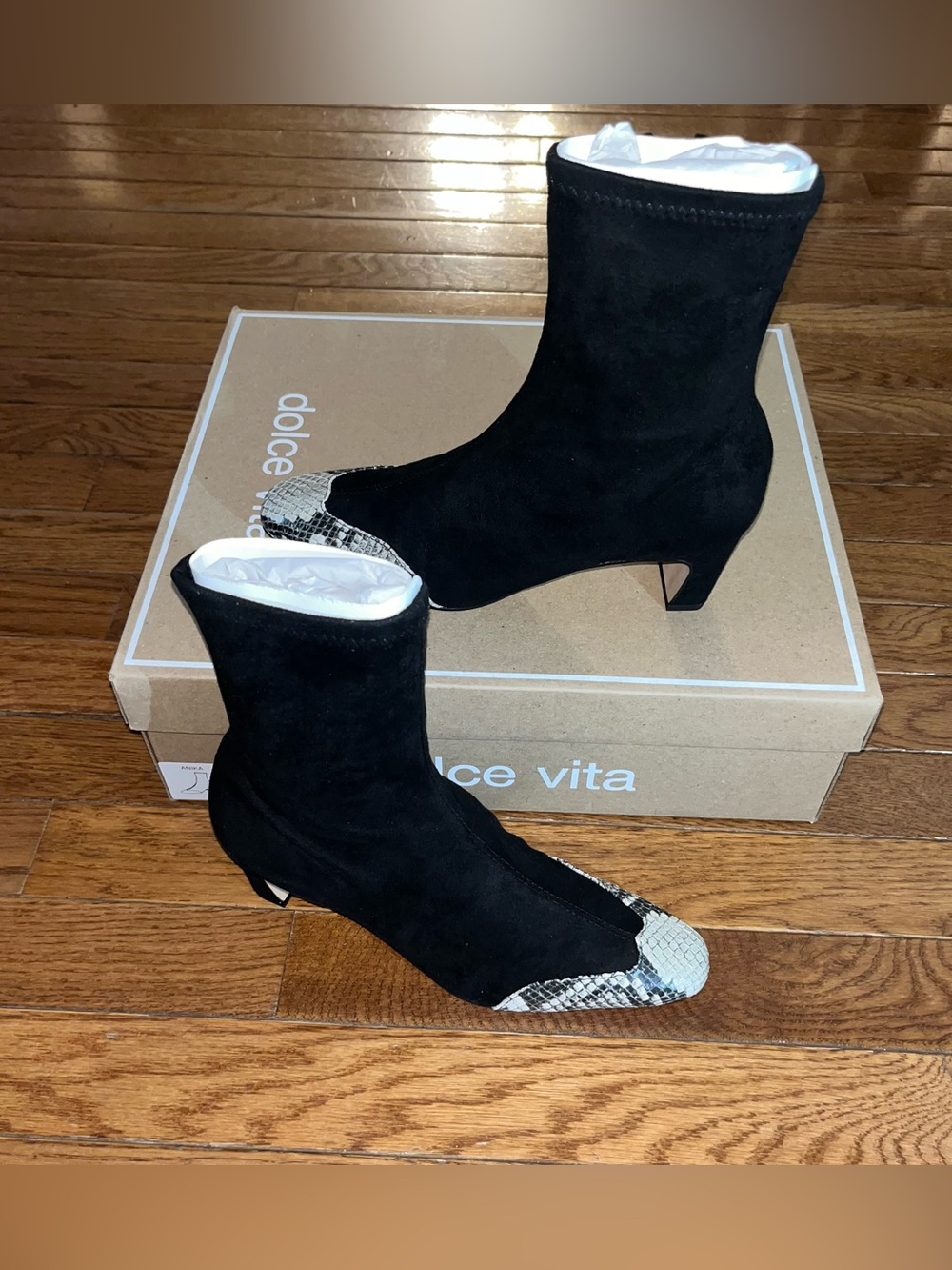 Dolce Vita Anika Block Heel Bootie Onyx Black & Snake Print Toe Women’s Size 5.5
